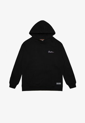 Black hoodie with a front pocket, adjustable drawstring hood, and a small white signature logo on the left chest. Textured fabric.