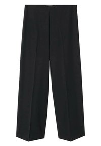 Zwarte wijde broek met een gladde, lichte stof. Heeft voorplooien en een ritssluiting aan de achterkant. Ongelined, minimalistisch design.