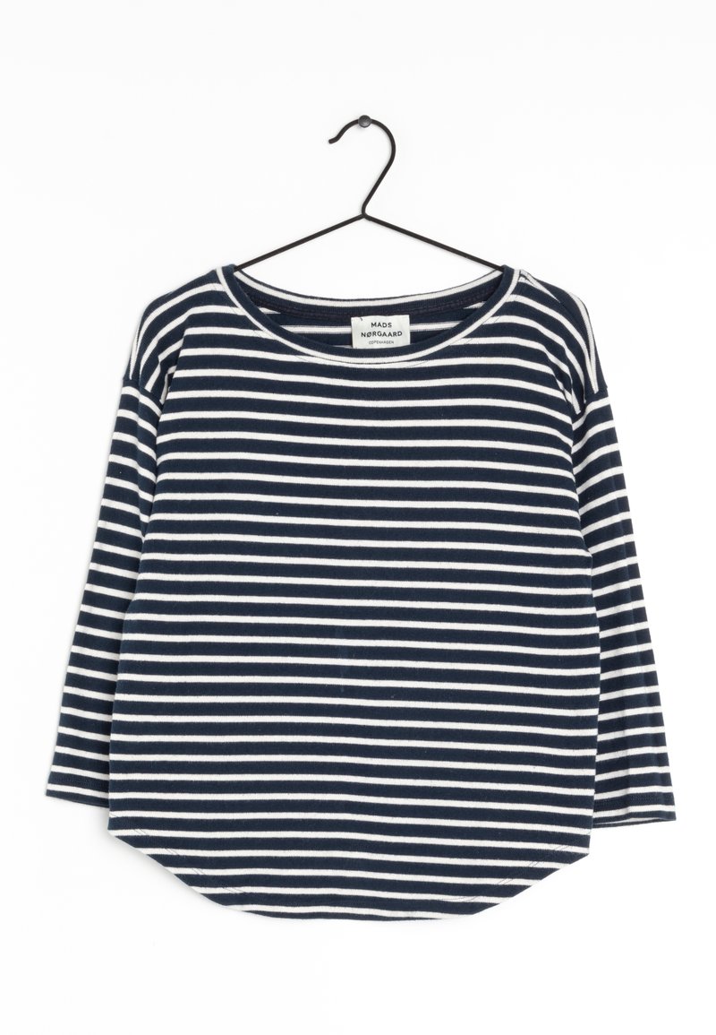 Striped long-sleeve shirt featuring navy blue and white horizontal stripes, round neckline, and a curved hem. Fabric appears soft and lightweight.