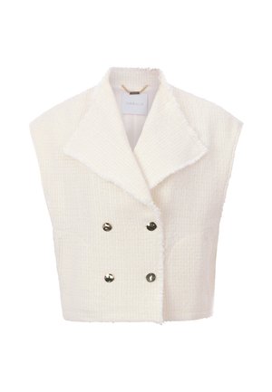 White sleeveless vest in textured fabric, featuring a wide collar, double-breasted design with shiny gold buttons, and side pockets.