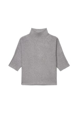 Grauer kurzärmeliger gestrickter Pullover mit hohem, geripptem Rollkragen und gerippten Ärmelbündchen.