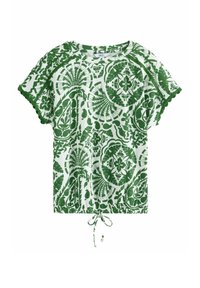 Green and white short-sleeve top with a botanical pattern, elasticated hem with drawstring, and a textured, soft fabric.