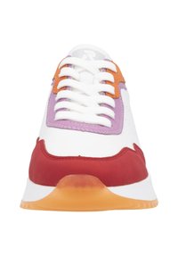 White sneaker with red, orange, and purple accents, featuring raised stitching, flat white laces, and a translucent orange sole.