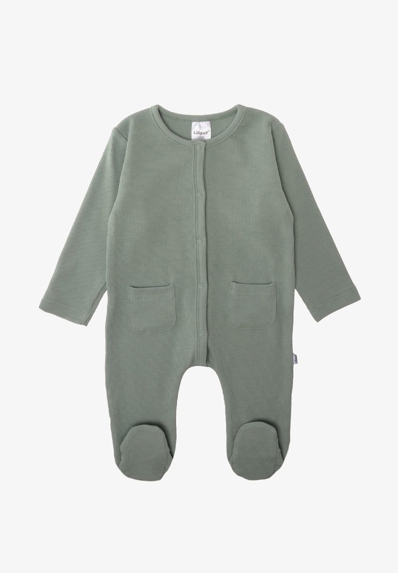Grüner gerippter Baby-Overall mit langen Ärmeln, vorderem Knopfverschluss, zwei Taschen und Füßchen-Design. Aus weichem, dehnbarem Material gefertigt.