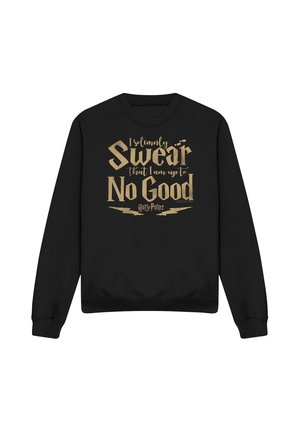 Black sweatshirt with gold text reading "I solemnly swear that I am up to no good" and "Harry Potter" below, with lightning bolt graphics.