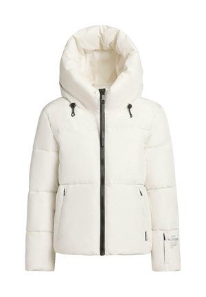 White puffer jacket with a high collar, zippered front, and two front pockets. Features elastic drawstrings and logo detail on sleeve.