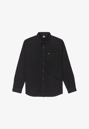Black long-sleeve button-up shirt made of cotton, featuring a pointed collar, front pocket, and button closure. Smooth texture, classic design.