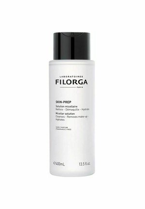 Filorga Skin-Prep micellar opløsning i flaske med sort låg, mærket til rensning, fjernelse af makeup og hydrering, uden parfume, 400 ml.