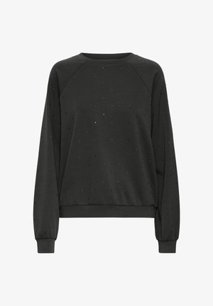 Črna dukserica z raglan oblikovanjem, teksturirano tkanino in razpršenimi majhnimi okraski. Manšete in rob so prilagojeni.