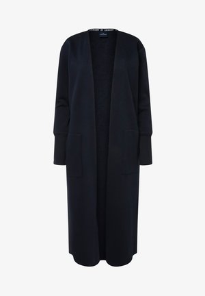 Langer marinefarbener Cardigan aus weichem Stoff, mit lässig fallenden Schultern, offener Vorderseite, zwei Fronttaschen und gerippten Ärmeln.