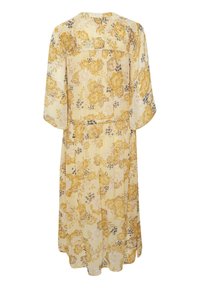 Abito midi floreale in giallo e crema con design a portafoglio. Presenta maniche fluide, una vita cintrata e un motivo floreale su tutta la superficie.