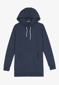Hoodie v tmavě modré bavlněné směsi, se stahovací šňůrkou u krku, bočními kapsami a žebrovanými manžetami. Jednoduchý, volný střih.