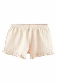 Shorts roz pal cu un material texturat, cu dungi verticale, având un tiv volănat și un elastic la talie pentru confort.