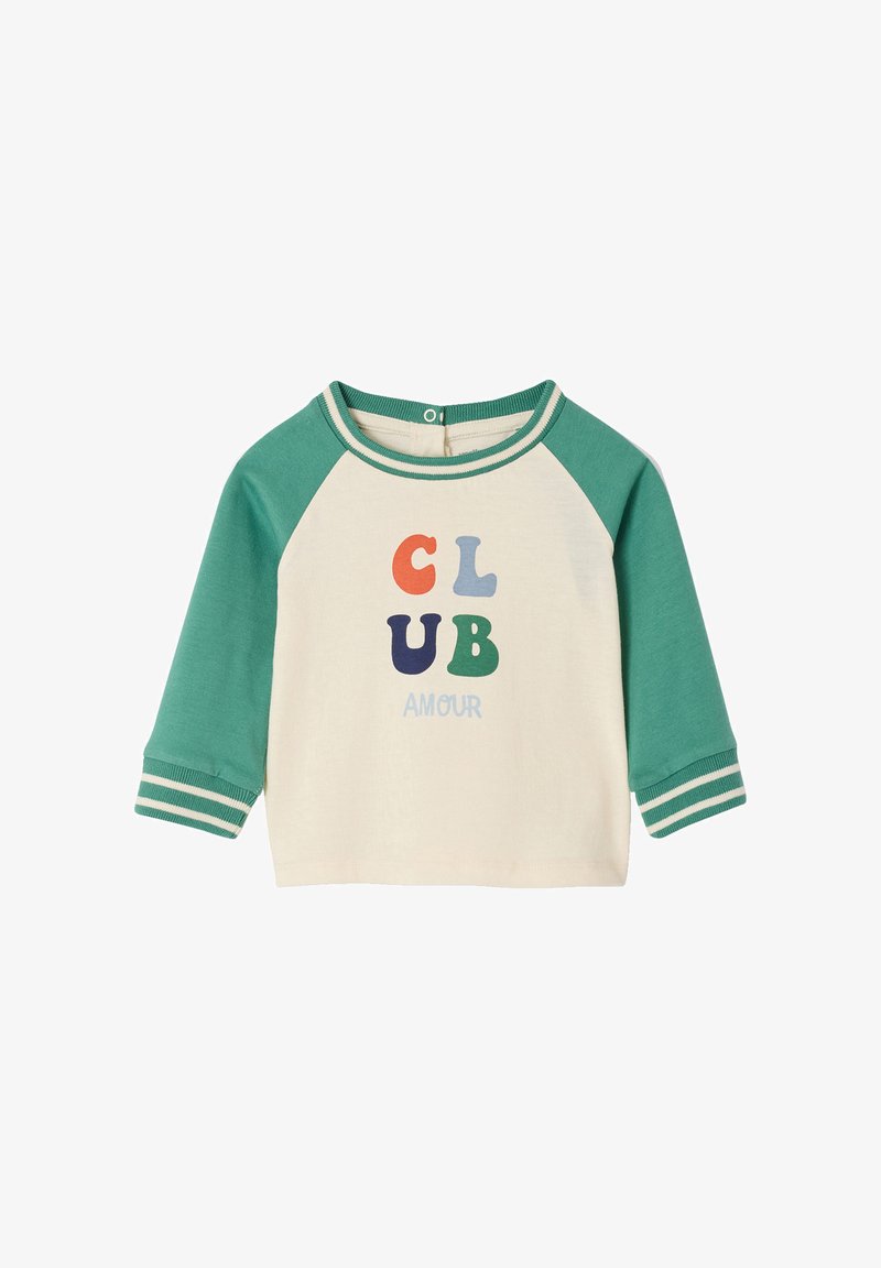 Long-sleeve toddler shirt with green raglan sleeves, striped cuffs, and "CLUB AMOUR" printed in colorful letters on cream front.