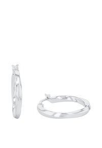 Orecchini a cerchio attorcigliati in tono argento con chiusure a cerniera, mostrati affiancati su uno sfondo bianco.