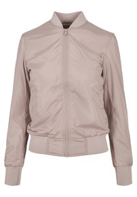 Giacca bomber rosa chiaro con zip frontale, colletto, polsini e vita a coste, realizzata in un tessuto liscio e leggermente lucido.