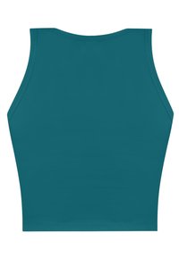 Türkisfarbener ärmelloser Crop-Top mit hohem Kragen und einem enganliegenden, glatten Stoffdesign.