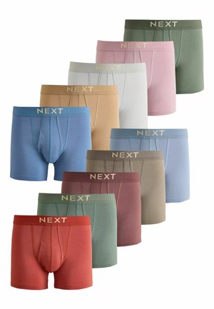 Dešimt vyriškų bokserinių trumpikių porų įvairiomis švelniomis spalvomis, kiekvienuose su prekės ženklo "NEXT" pavadinimu ant liemens juostos.
