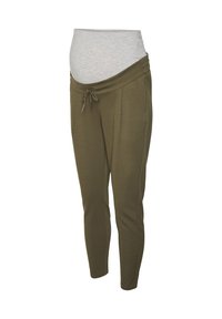 Calças de maternidade em verde oliva, com uma cintura elástica cinza claro, ajuste com cordão e bolsos laterais com textura suave.