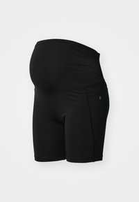 Zwarte zwangerschapsshort gemaakt van rekbare stof, met een hoge tailleband en zijzakken, ontworpen voor comfort en bewegingsvrijheid.