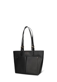 Zwarte leren boodschappentas met twee voorvakken, dubbele schouderbanden, gestructureerde afwerking en hardware-accenten in goudkleur.