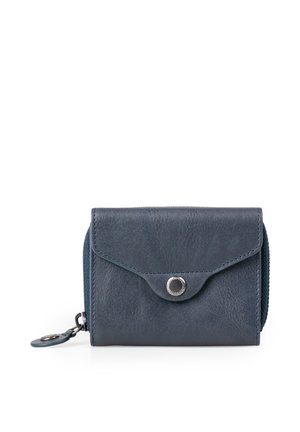 Kompaktes dunkelblaues Lederportemonnaie mit vorderer Klappe mit Druckknopf und seitlichem Reißverschlussfach mit passendem Leder-Zugband.