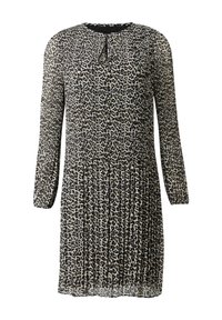 Leopardenmusterkleid in Beige und Schwarz, mit langen Ärmeln, einem runden Halsausschnitt mit einem Bindedetail und einem plissierten Rockdesign.