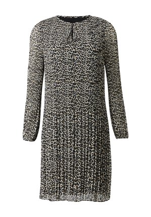 Abito leopardato in beige e nero, con maniche lunghe, scollatura rotonda con dettaglio a fiocco e gonna plissettata.