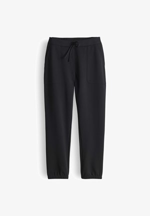 Pantaloni jogger con vita elasticizzata nera in materiale morbido, dotati di due tasche frontali e gambe conici con polsini a coste.