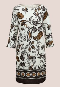 Blumenmuster-Kleid in Creme mit dunkelbraunen und kupferfarbenen Akzenten. Verfügt über lange Ärmel und einen runden Halsausschnitt, mit einem dekorativen Bund am Saum.