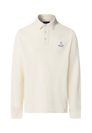 Camisa polo de manga larga en algodón crema con cuello acanalado, tres botones y un logo bordado en azul en el lado izquierdo del pecho.