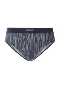 Herrenunterhose aus dunkelblauem Stoff, mit einem vertikalen abstrakten Muster in Weiß und Rost. Weicher Bund mit Markenlabel an der Vorderseite.