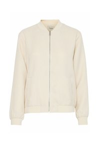 Light beige bomber jacket with textured material, front zipper, ribbed cuffs and hem, and side pockets. Features a round neck design.