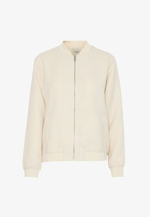 Giubbotto bomber beige chiaro in materiale texturizzato, con zip frontale, polsini e orlo a costine, e tasche laterali. Presenta un design con collo rotondo.