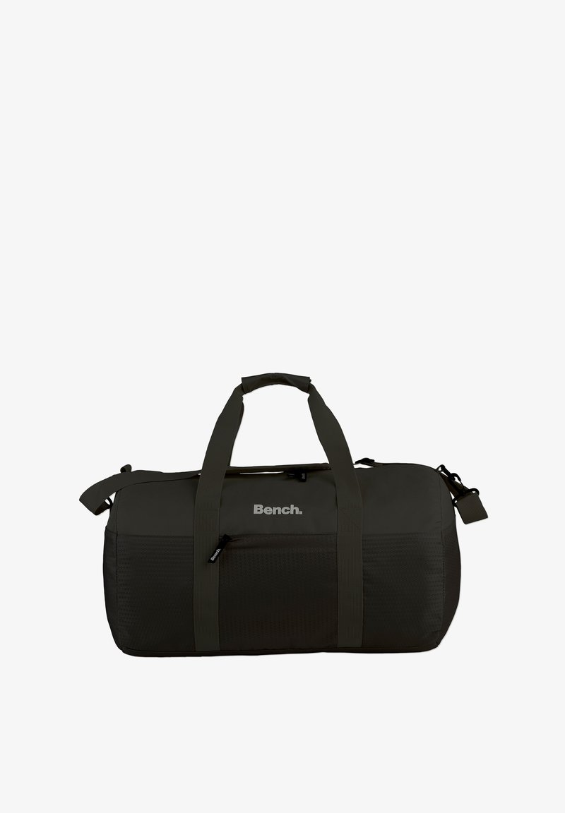 Duffle bag in dark green fabric with dual grab handles and a shoulder strap. Features a mesh panel and subtle "Bench." logo.
