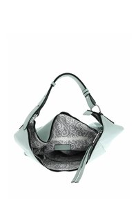 Sac à main en cuir bleu clair avec des accents noirs, doté d'un intérieur à motifs paisley, d'une fermeture éclair et d'une bandoulière ajustable.