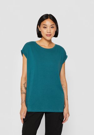 Teal t-skjorte med korte ermer, rund hals, avslappet passform og oppbrettede ermer, laget av mykt, lett stoff.