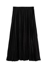 Falda negra con pliegues y cinturilla elástica, textura suave, hasta la rodilla, con un diseño fluido y un caído de tejido suave.