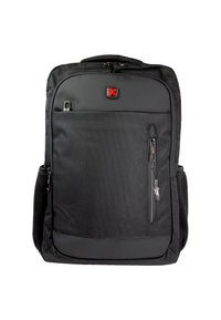 Un sac à dos noir en tissu texturé avec une poche zippée à l'avant, des poches en maille sur les côtés et un accent logo rouge sur le dessus.