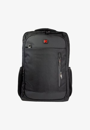 Black backpack made of textured fabric with a front zippered pocket, side mesh pockets, and a red logo accent on the top.