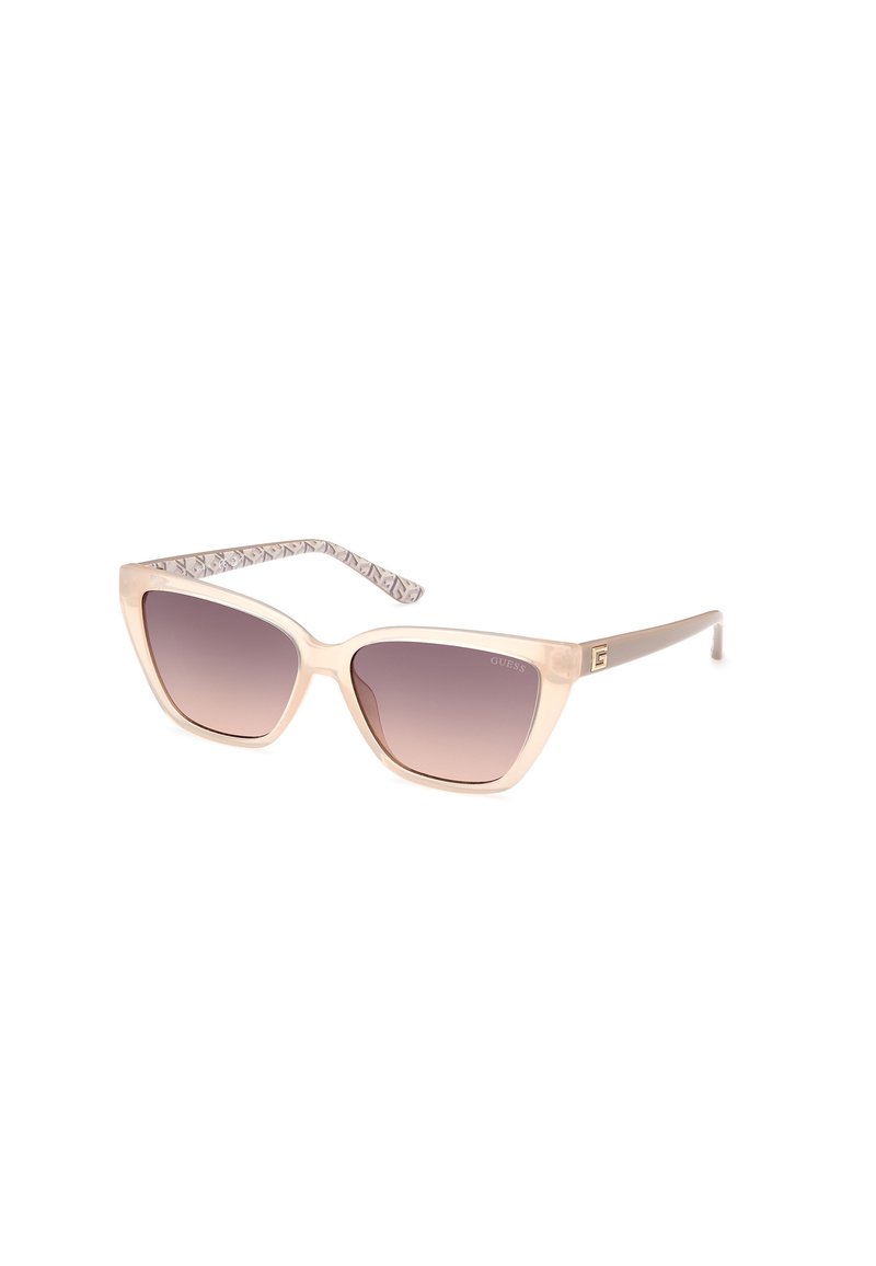 Ochelari de soare tip cat-eye cu un cadru roz deschis transparent, lentile maronii cu degradé și brațe texturate embosate. Accente aurii pe tâmple.