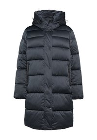 Marine blauwe pufferjas met een capuchon, voorzien van een gequilt ontwerp, knopen aan de voorkant en ritszakken. Gemaakt van soepel, waterafstotend materiaal.