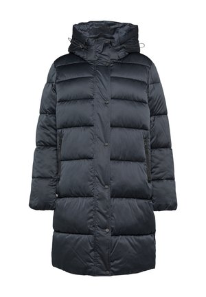 Marineblauer Puffer-Mantel mit Kapuze, ausgestattet mit einem gesteppten Design, vorderen Knöpfen und Reißverschlusstaschen. Hergestellt aus glattem, wasserabweisendem Material.