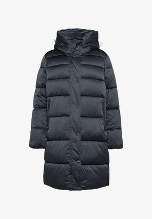 Cappotto imbottito blu navy con cappuccio, caratterizzato da un design trapuntato, bottoni anteriori e tasche con zip. Realizzato in materiale liscio e resistente all'acqua.