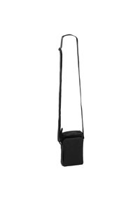 Borsa a tracolla nera in pelle con una lunga tracolla regolabile e un compartimento con zip, caratterizzata da una texture liscia e una forma rettangolare.