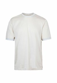 T-shirt in cotone beige chiaro con collo tondo e maniche corte. Rifiniture in azzurro chiaro a contrasto attorno al colletto e ai polsini delle maniche.