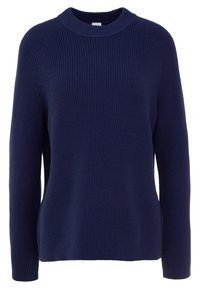 Pull en maille bleu marine avec une texture côtelée, col rond et manches longues. Présente une coupe décontractée et un design de manches raglan.