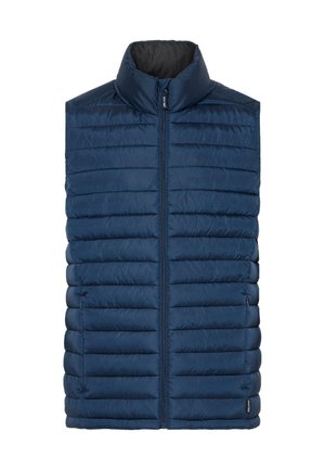 Gilet matelassé bleu marine avec col montant, fermeture éclair devant et design matelassé horizontal. Texture lisse avec une apparence chaude et isolante.