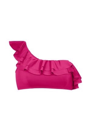 Haut de bikini asymétrique en rose vibrant, avec des accents froncés le long de l'encolure et sur le côté, fabriqué en tissu lisse et extensible.