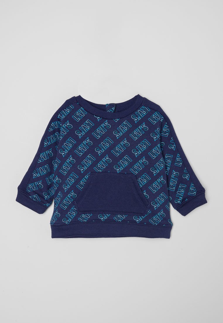 Sudadera de color azul marino con estampado en teal de "LEVI'S" y "SAFETY". Cuenta con un cuello redondo, mangas largas y un bolsillo en la parte delantera. Textura suave.